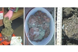  <div class="bildtext_en">Left: Clogged material with plastic consistency. Centre: sample of solid compacted clogged material from an open-mode shield drive. Right: stiff clogged matrix with pressed gravel components from a hydroshield drive</div> 