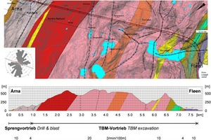  5)	Geological map (top) and geological longitudinal profile (bottom) | 