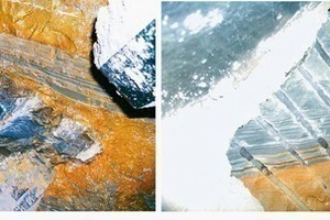  Bit tracks on rock with mineralogical cohesion (monadnock) with corresponding chip and rock flour formation; leftShiny bit tracks in intensely weathered clay that has been pressed away; right 