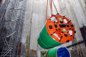  A TBM is lowered into a starting pit for building the Emscher Interceptor 