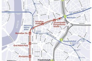  Mit sechs unterirdischen und zwei oberirdischen Haltestellen verbindet die Wehrhahn-Linie auf einer Gesamtstrecke von 3,4 km zwei wichtige S-Bahnhöfe, die Einkaufsstraßen Am Wehrhahn und Schadowstraße mit der Königsallee | 