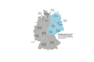  Längenmäßige Zuordnung der geplanten Verkehrstunnelprojekte (Baubeginn ab 2011) auf die Bundesländer (vgl. Tabelle 4); in Klammern jeweils die Anzahl der gemeldeten Verkehrstunnelprojekte 